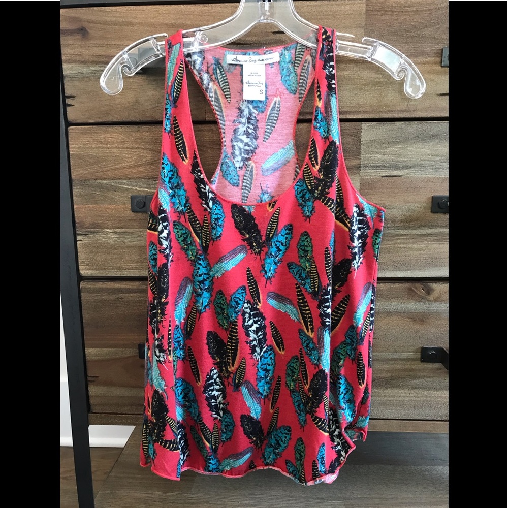Feather print racerback tank. Red, size Small